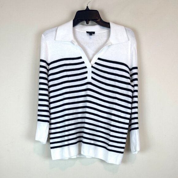 Talbots Sweaters - Talbots white collared polo sweater black stripes button cuffs nautical preppy M